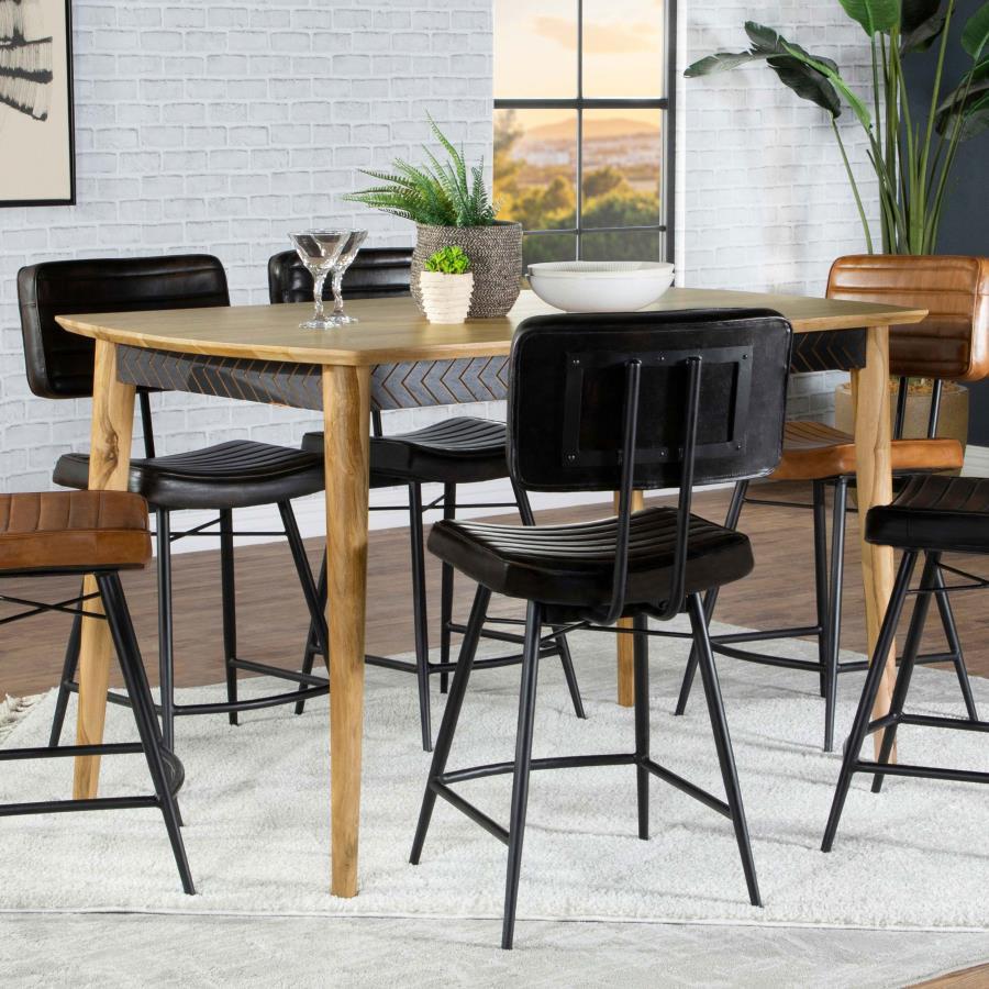 Partridge 5 & 7 Piece Counter Height Dining Set – Sheesham Wood Table with Geometric Apron, Mid-Century Modern Leather Upholstered Stools, Camel & Espresso