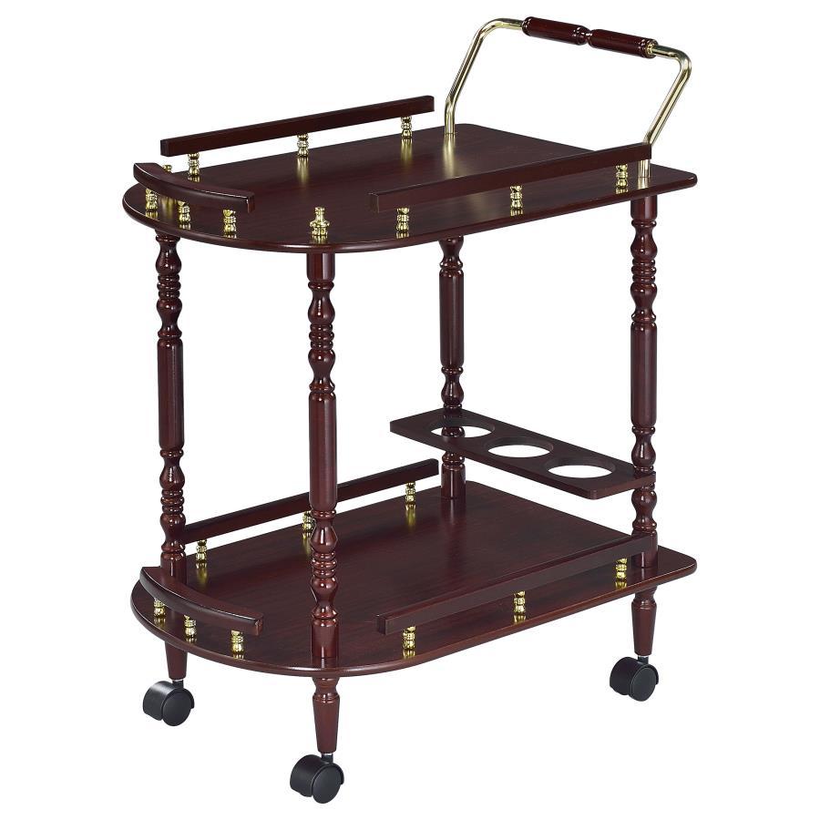 Palmer 2-Tier Rectangular Wood Bar Cart in Merlot – Traditional Style with Bottle Holder, Spacious Shelves & Brash-Finish Metal Accents