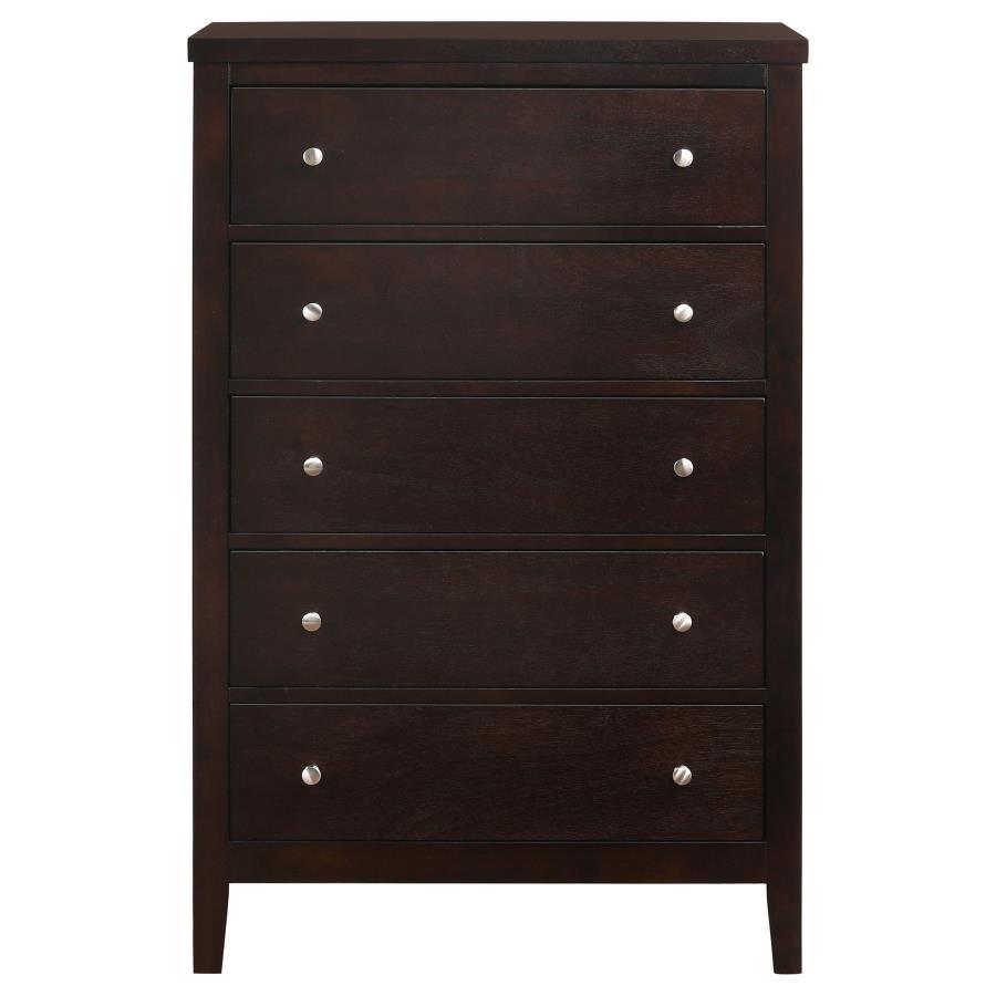 Carlton 5-Drawer Bedroom Chest – Rich Cappuccino Finish, Brushed Silver Handles, Spacious Storage, Elegant Solid Wood Chest for Master Bedroom