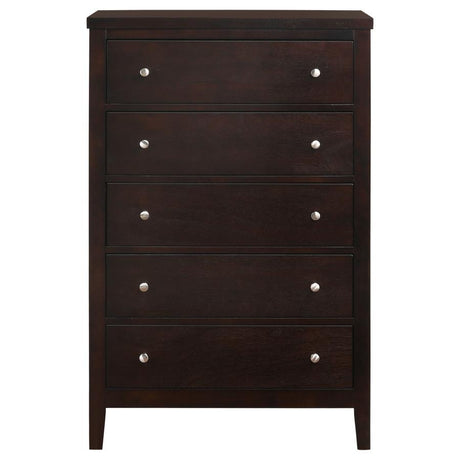 Carlton 5-Drawer Bedroom Chest – Rich Cappuccino Finish, Brushed Silver Handles, Spacious Storage, Elegant Solid Wood Chest for Master Bedroom