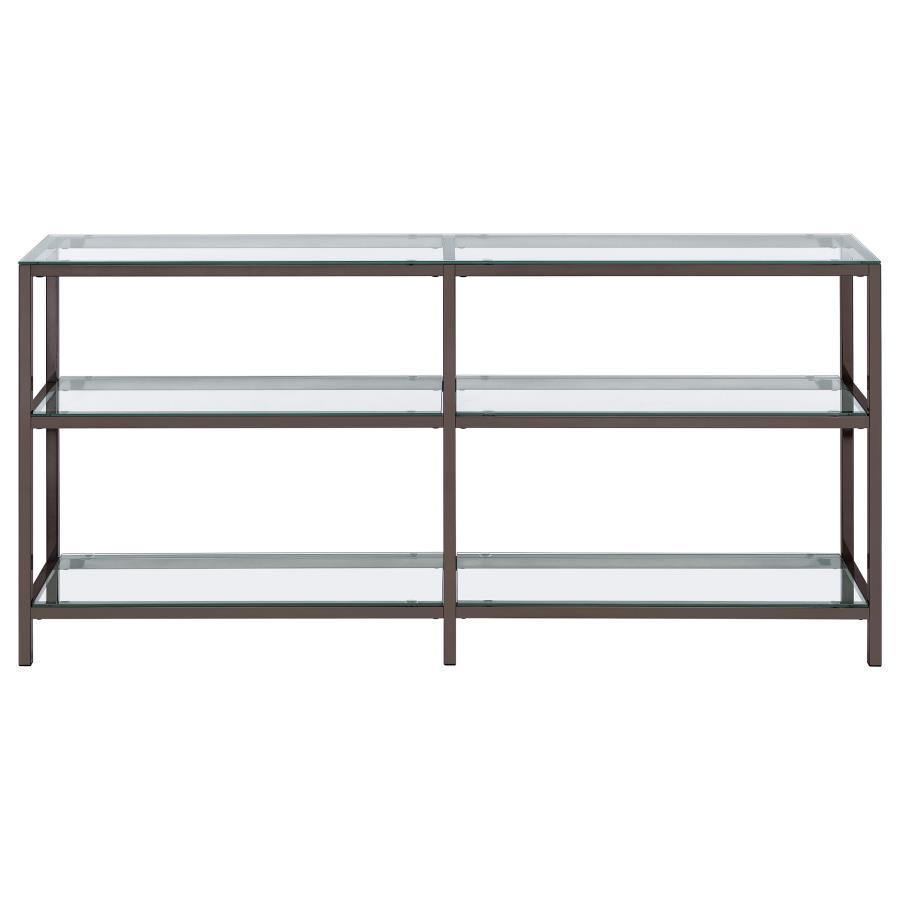 Kate Console Bookcase – Modern Black Nickel Steel Frame with Tempered Glass Shelves, 4-Shelf Display Unit for Books, Décor, and Photographs