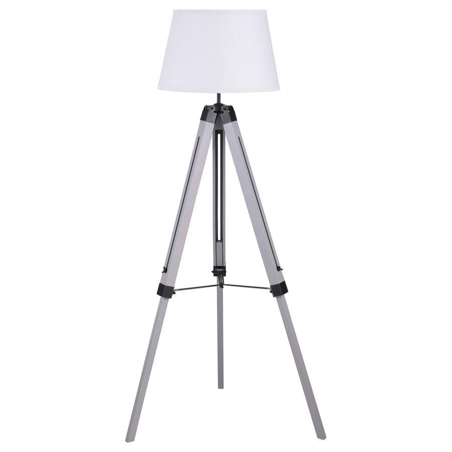 Dayton Empire Shade Metal Tripod Floor Lamp in Gray – Modern Rustic Design with Weathered Wood Legs, White Linen Shade, and Ambient Lighting