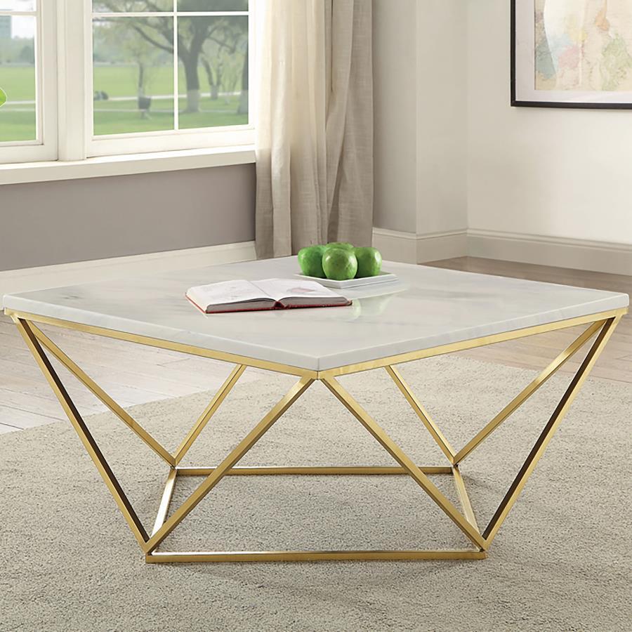 Meryl Square White Faux Marble Coffee Table with Gold Electroplated Metal Frame, Modern Geometric Design, Contemporary Living Room Accent