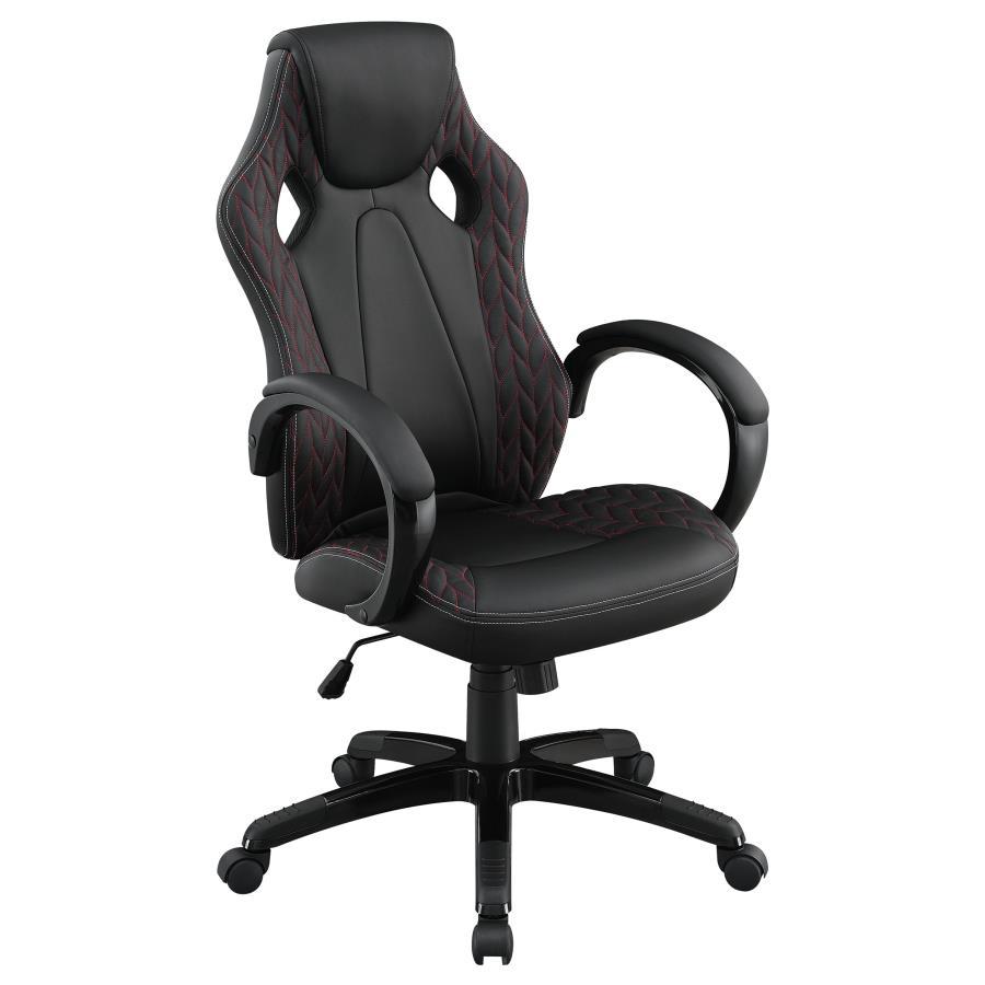 Carlos Upholstered Adjustable Home Office Desk Chair – Black Leatherette with Red Stitching, Rolling Base, Padded Arms and Headrest