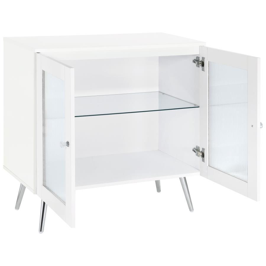 Nieta 2-Door Engineered Wood Accent Cabinet – White High Gloss Storage Cabinet with Tempered Glass Shelf, Chrome Legs, and Acrylic Crystal Knobs