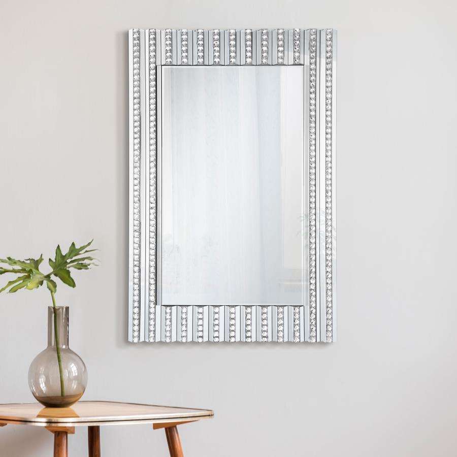 Aideen Acrylic Crystal Wall Mirror in Silver – Glam Rectangular Mirror with Beveled Glass & Faux Crystal Frame for Entryway or Bathroom