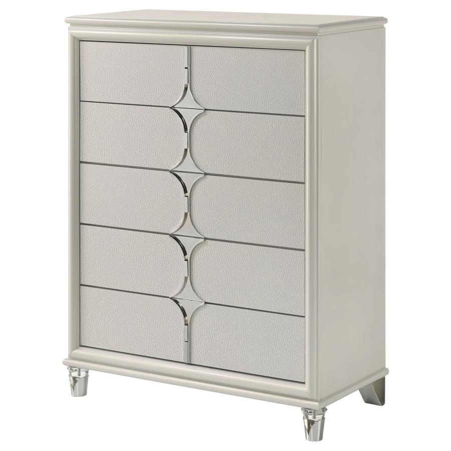 Olivia 5-Drawer Bedroom Chest – Pearl White with Diamond Star Drawer Fronts, Chrome Accents, Acrylic Feet, Modern Storage Cabinet for Stylish Bedrooms