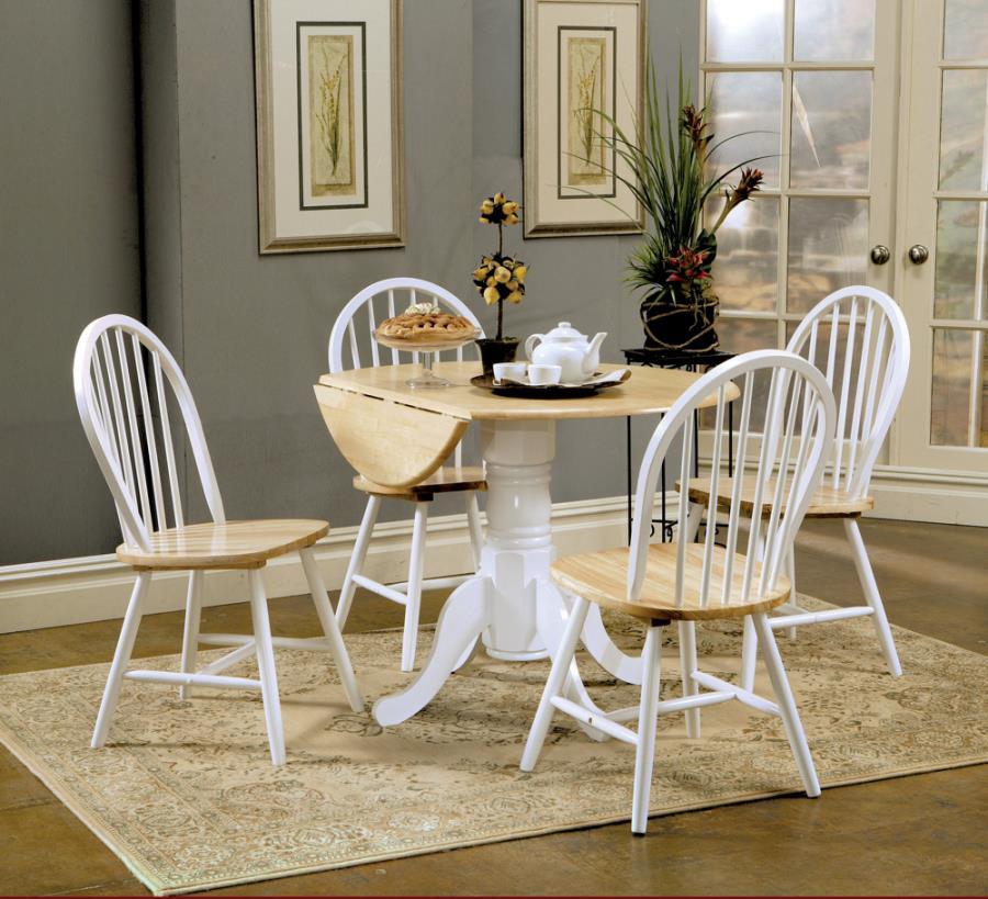 Allison 5-Piece Round Drop Leaf Dining Table Set – White and Natural Brown Finish, Pedestal Base, 4 Spindle Back Chairs, Space-Saving Modern Farmhouse