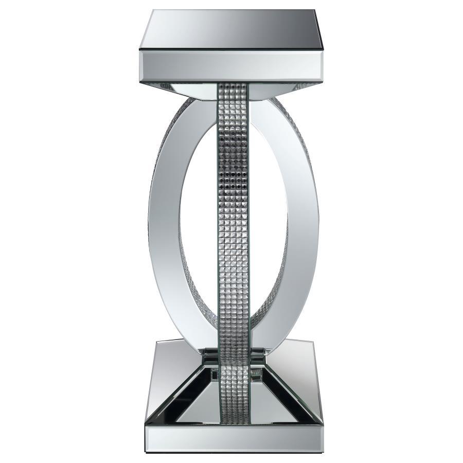 Amalia Square Mirrored Acrylic Crystal Side End Table – Silver, Modern Sculptural Accent Table with Rhinestone Details for Living Room