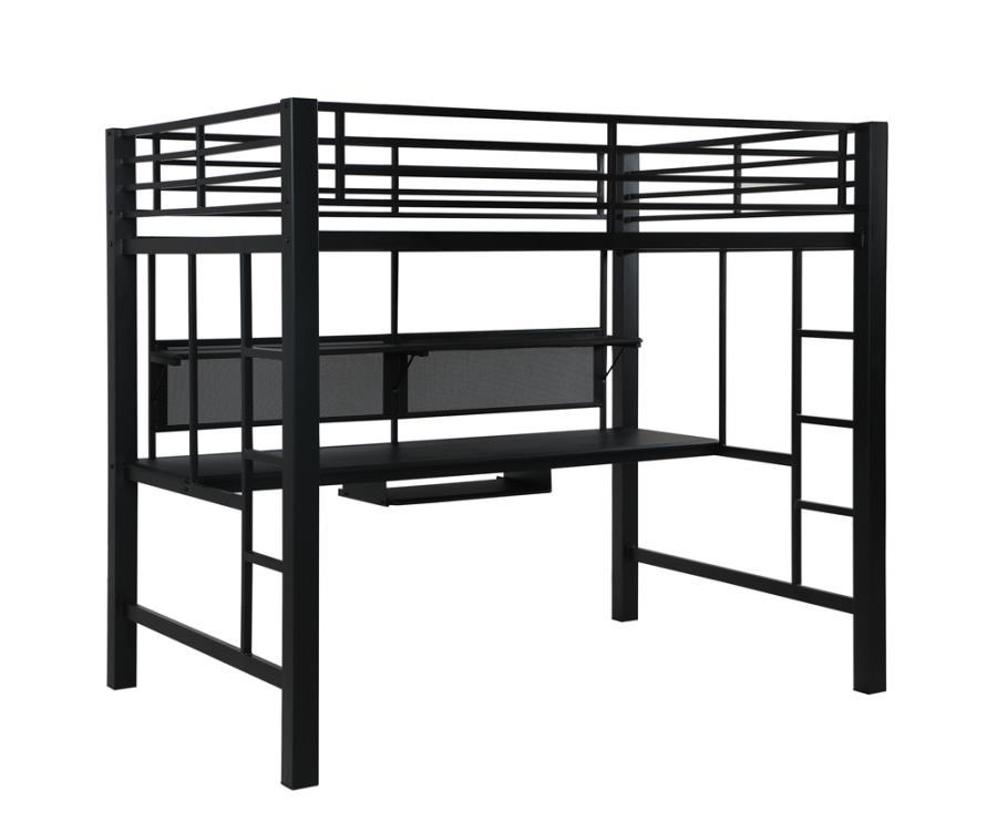 Avalon Full Workstation Loft Bed – Black Metal Frame, Desk with Keyboard Tray, Storage Shelf, Space-Saving Design, Modern Home Office & Bedroom