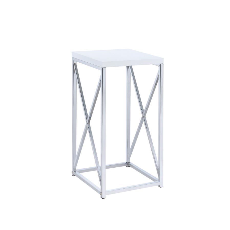 Edmund Square Accent Side Table – White High Gloss Top with Chrome X-Frame Base, Modern End Table for Living Room, Bedroom, or Sitting Area