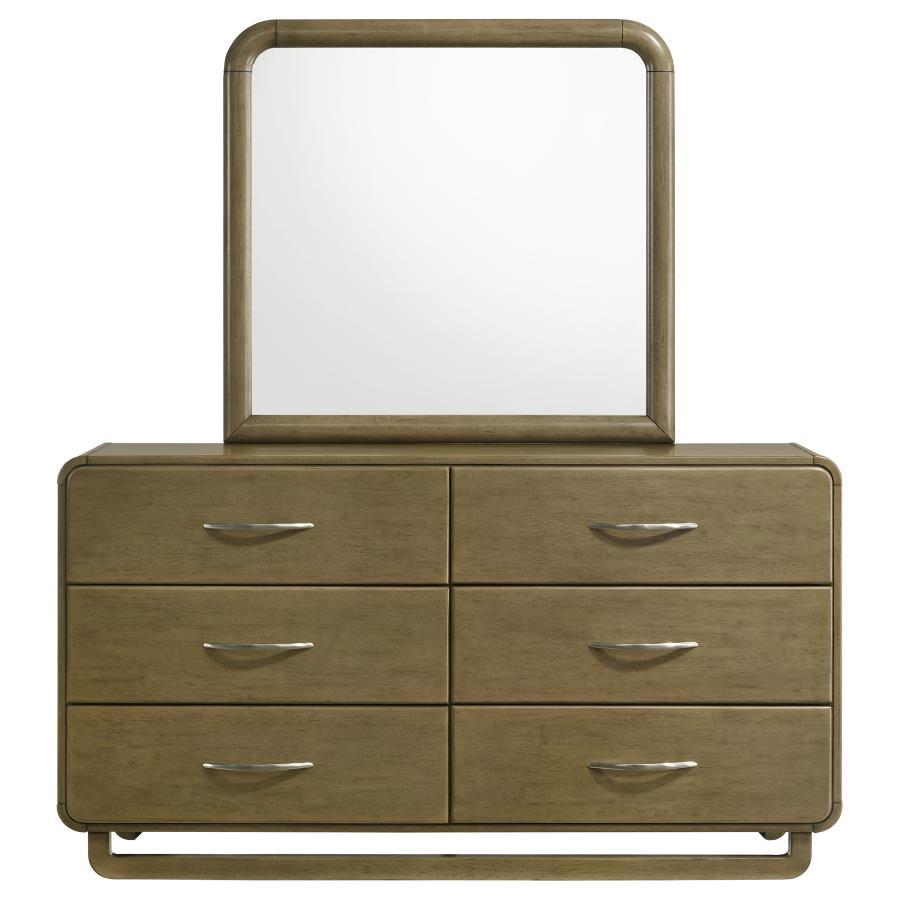 Amsbury 6-Drawer Dresser and Mirror Set in Nutmeg Finish with Rounded Corners, Matte Nickel Hardware, Smooth Metal Glides, and Hardwood Build