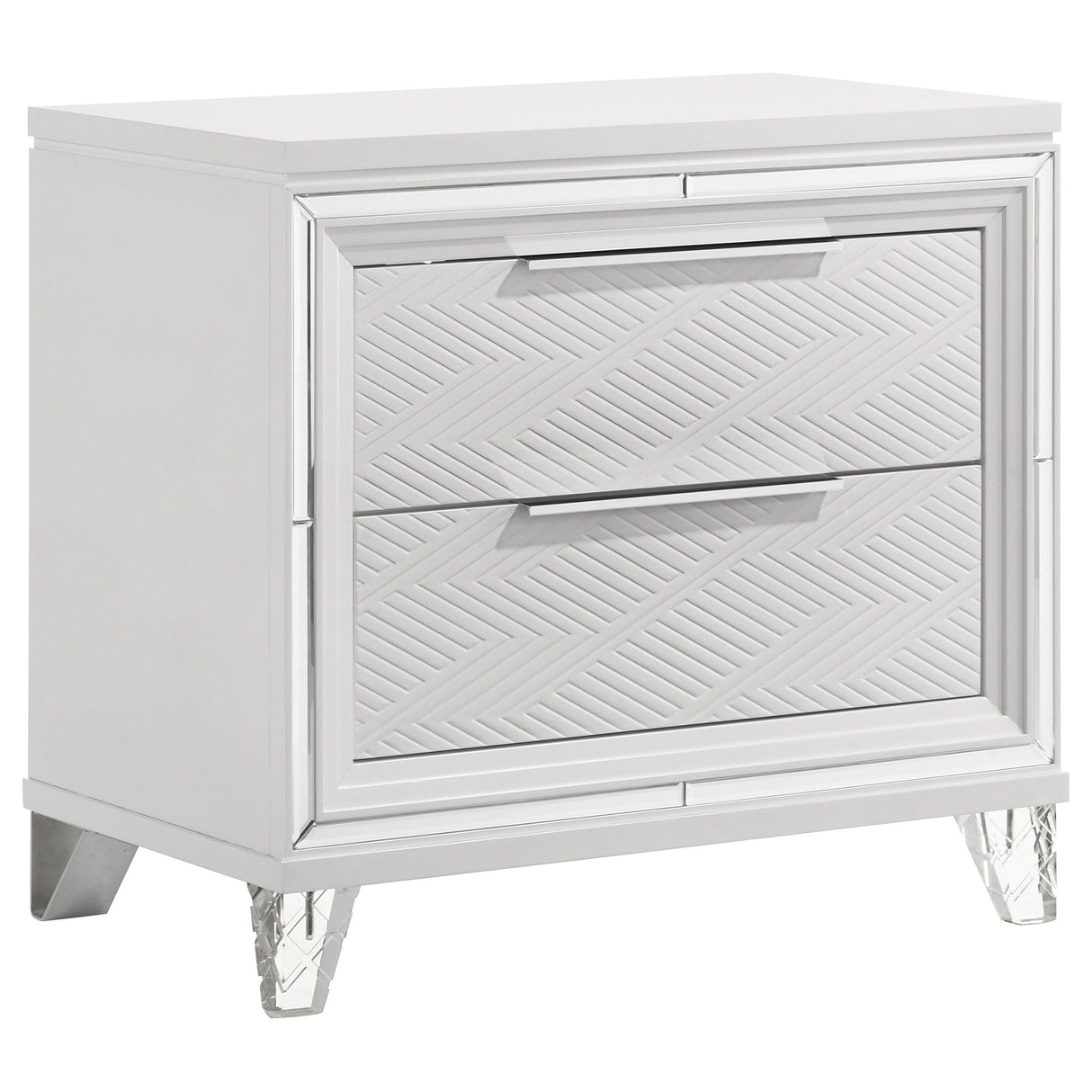 Marmore 2-Drawer Nightstand Bedside Table in White – Modern Italian Design with Mirrored Accents, Polished Chrome Hardware & Cord Management