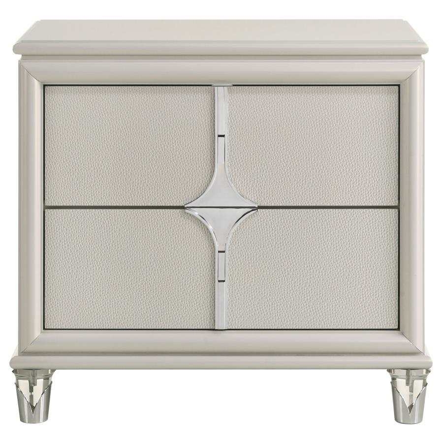 Olivia 2-Drawer Nightstand Bedside Table with Pearl White Finish, Diamond Star Drawer Design, Chrome Pulls, Acrylic Legs, Cord Management Access