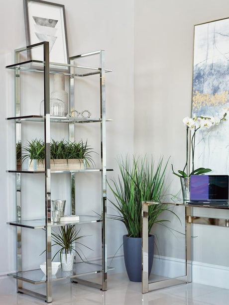 Hartford 5-Shelf Glass Bookshelf in Chrome – Modern Contemporary Metal & Tempered Glass Storage for Photos, Décor, Keepsakes, and Office Organization
