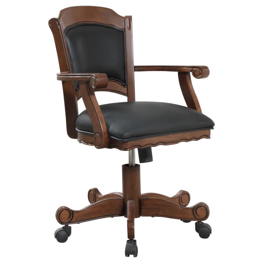 Turk Upholstered Swivel Dining and Game Chair - Tobacco Finish, Black Leatherette Seat, Caster Wheels, Curved Accents, Scalloped Design, Versatile Style