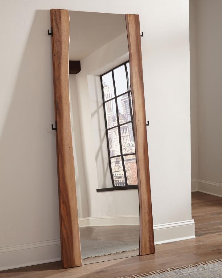 Winslow Standing Floor Mirror – Full-Length Wooden Frame in Smokey Walnut with Coffee Bean Accents, Curved Edge Design, Bedroom & Walk-In Closet