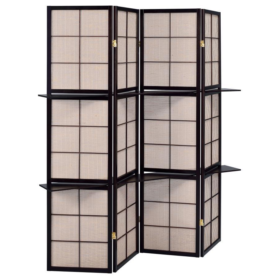 Iggy 4-Panel Folding Shoji Screen Room Divider – Cappuccino Finish with Hinged Panels, Decorative Tan Panels, and Functional Shelving