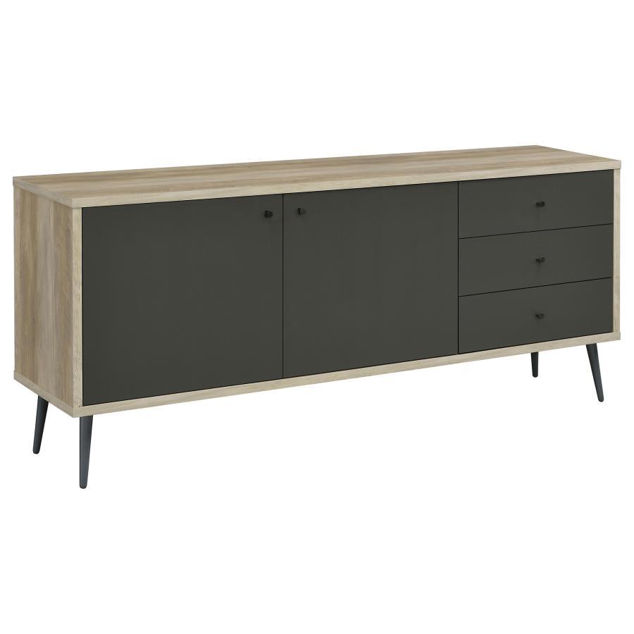 Maeve 2-Door Engineered Wood Cabinet in Antique Pine & Gray – Scandinavian-Inspired Storage with Drawers and Shelves for Stylish Organization