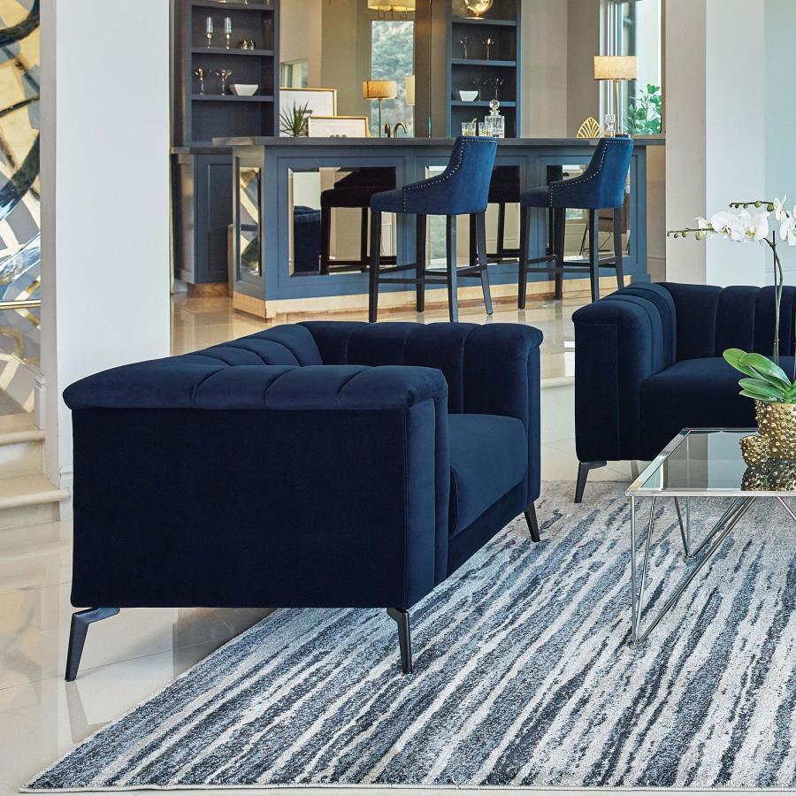 Chalet Upholstered Tuxedo Arm Tufted Chair – Navy Blue Velvet with Deep Vertical Channels & Black Metal Legs