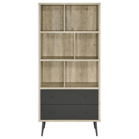 Maeve - 3-Shelf Bookcase with Drawers in Distressed Pine – Scandinavian-Inspired Vertical Storage with Dividers, Drawers, and Tapered Metal Legs