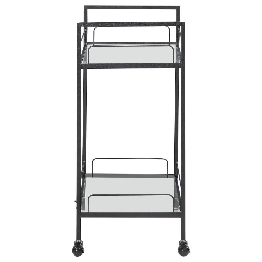 Curltis 2-Tier Rectangular Glass Shelf Metal Bar Cart – Black Hammered Powder-Coated Frame, Caster Wheels, Tempered Glass Shelves for Entertaining