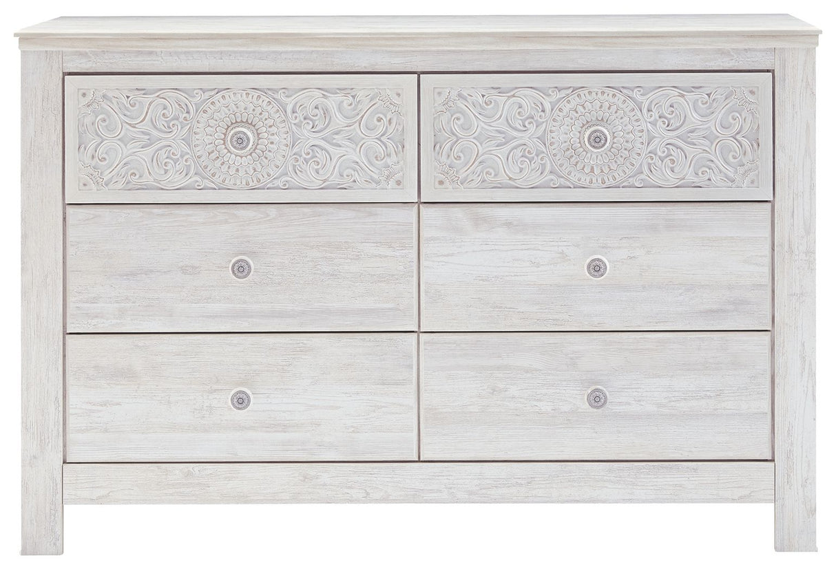 Paxberry - Six Drawer Dresser - Medallion Drawer Pulls - Whitewash