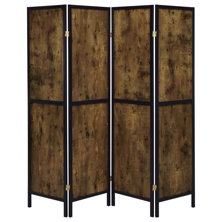 Deepika 4-Panel Room Divider Folding Screen – Rustic Nutmeg Wood with Exposed Grain, Metallic Hinges, Adjustable Privacy Partition for Living Spaces