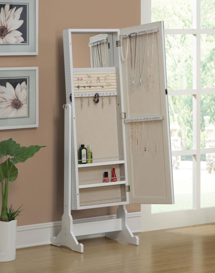 Zayas Cheval Mirror with Built-In Jewelry Storage, Tilting Full-Length White Frame, Hidden Shelves, Necklace Hooks & Accessory Holders