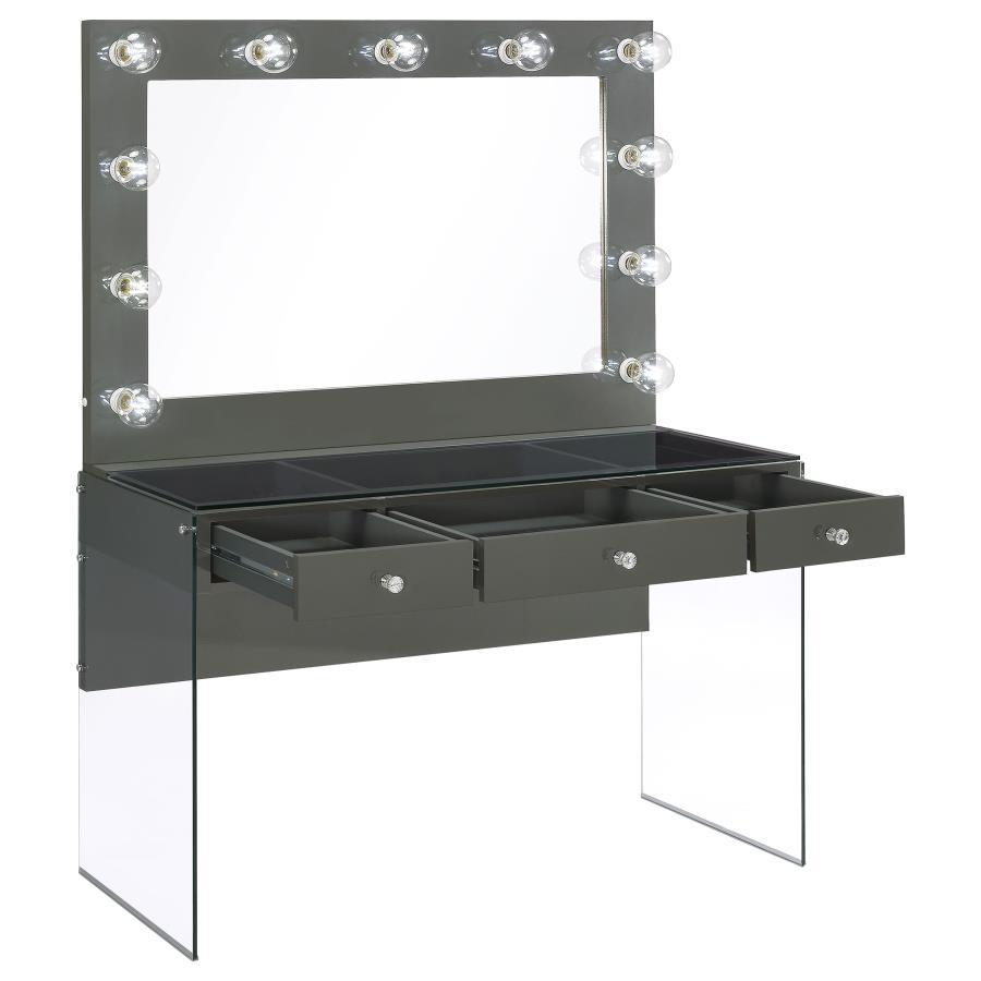 Afshan 3-Drawer Vanity Set With Lighting – Gray High Gloss, Modern Floating Makeup Desk, Tempered Glass Accents, Retro Globe Bulb Mirror