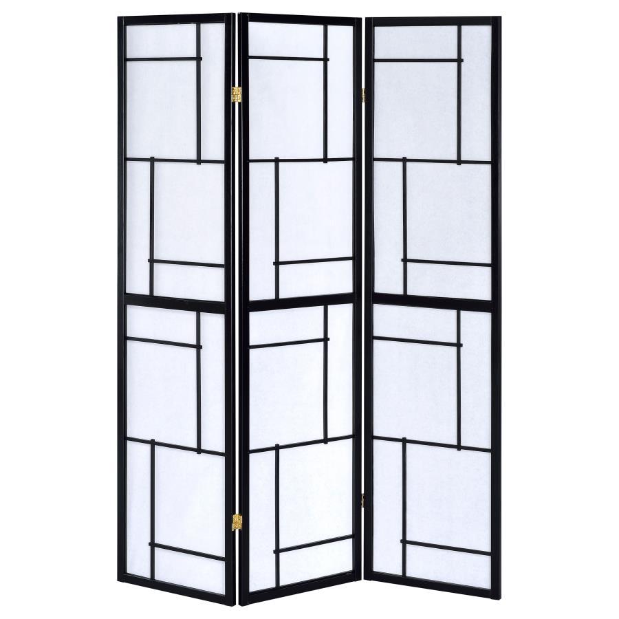 Damis 3-Panel Folding Shoji Screen Room Divider – Black Frame, Geometric Pattern, Adjustable Panels for Privacy, Modern Mid-Century Style