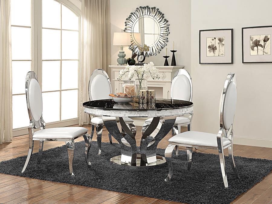 Anchorage 5-Piece Round Glass Top Dining Table Set – Chrome Base with Black Marble Top, Armless Leatherette Chairs, Art Deco Modern Style