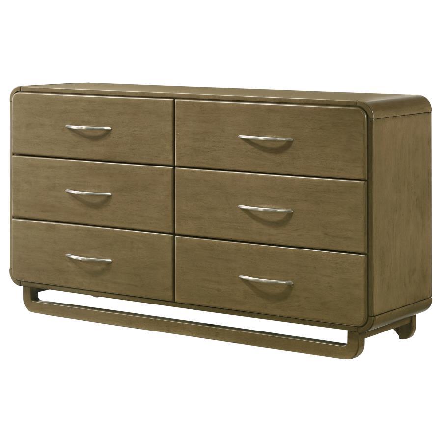 Amsbury 6-Drawer Dresser Cabinet in Nutmeg Finish with Rounded Corners, Matte Nickel Hardware, Metal Glides, and Solid Hardwood Frame