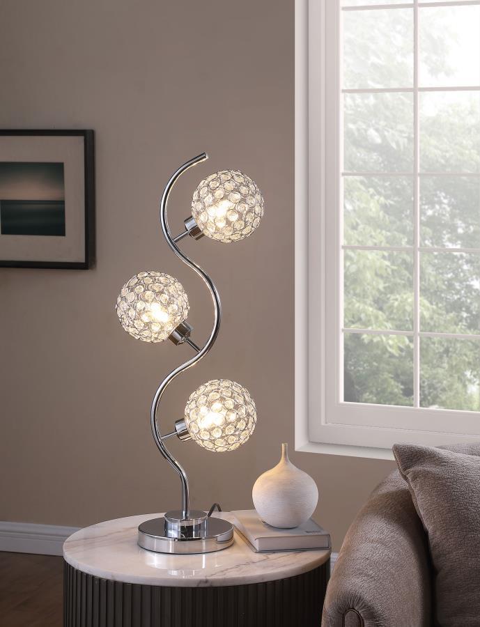 Amberley 3-Light Curvy Metal Table Lamp – Silver Crystal Orb Shades, LED Energy-Efficient Lighting, Touch Control, Glam Modern Accent Table Lamp