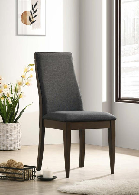 Wes Upholstered Dining Side Chairs – Dark Walnut Finish, Soft Grey Fabric, Sloped Backrest, Tapered Square Legs, Contemporary Set of 2