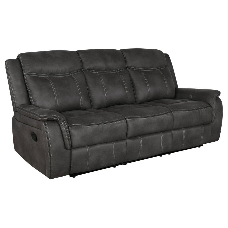 Lawrence Upholstered Padded Arm Reclining Sofa – Charcoal Microfiber, Manual Recline, Tufted Cushions, Gel Memory Seating, Comfortable Motion Sofa