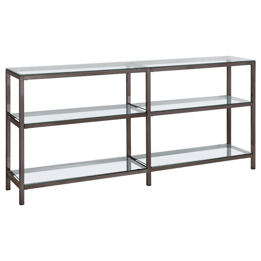 Kate Console Bookcase – Modern Black Nickel Steel Frame with Tempered Glass Shelves, 4-Shelf Display Unit for Books, Décor, and Photographs