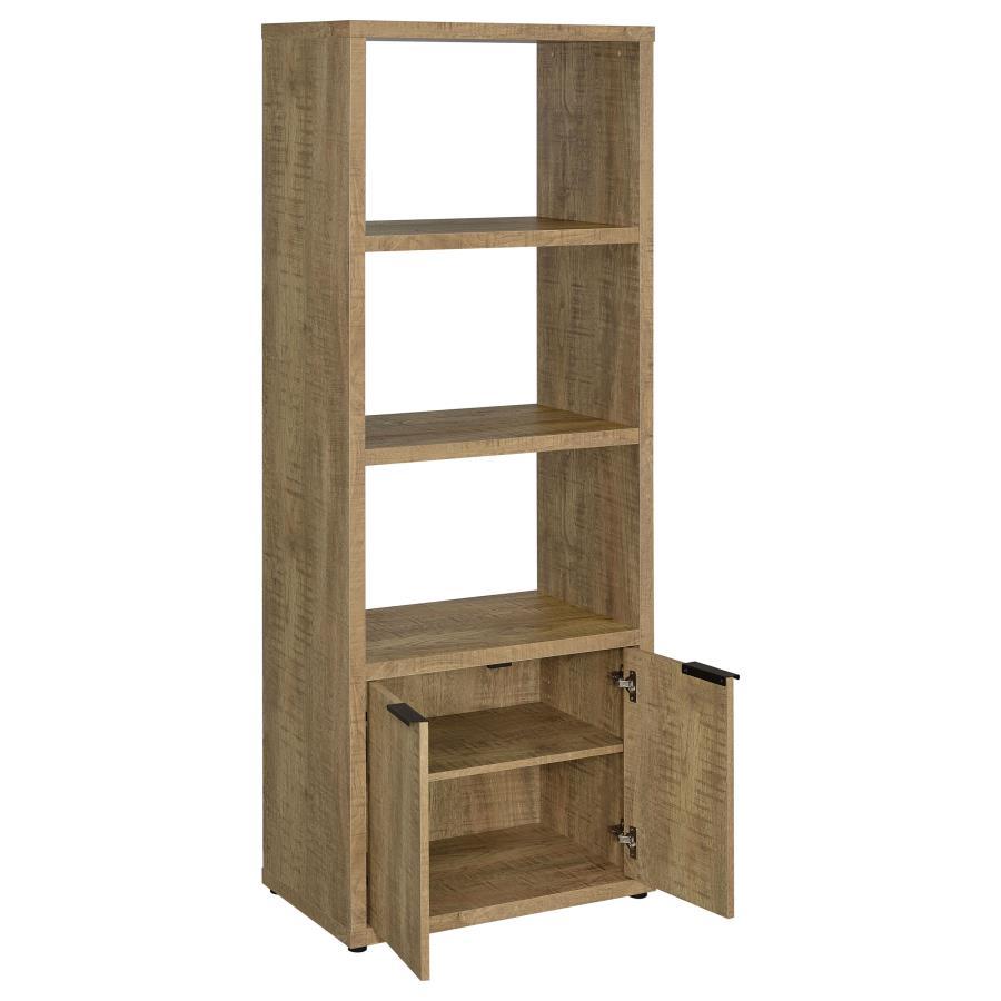 Tabby 3-Shelf Engineered Wood Media Tower – Mango Finish, Open Display Shelves, Hidden Cabinet Storage, Black Pull Handles, Living Room Organizer