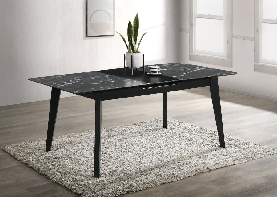 Crestmont Extension Dining Table – Faux Marble Top, Black Finish, Self-Storing Leaf, Sleek Modern Design, 62.5" x 36.25" x 30"