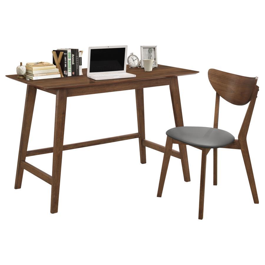Karri 2-Piece Home Office Computer Desk and Chair Set – Walnut Finish, Mid-Century Modern Desk with Slant Legs and Grey Leatherette Chair