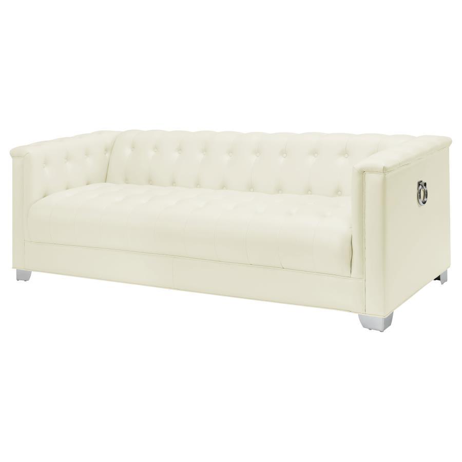 Chaviano Upholstered Track Arm Sofa in Pearl White Leatherette with Chrome Tufted Detailing, Modern Glam Living Room Statement Seating