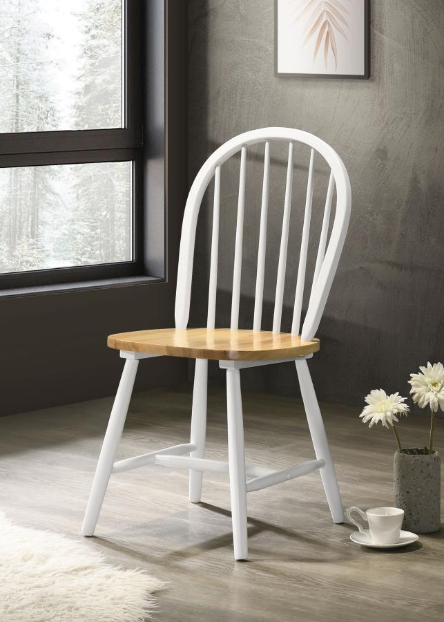 Cinder Wood Dining Side Chair Set of 4 – White and Natural Brown Two-Tone Finish, Windsor-Style Spindle Back, Farmhouse & Transitional Dining