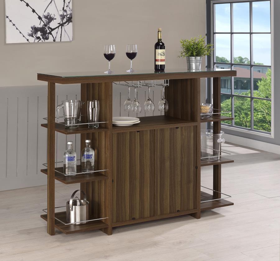 Evelio 6-Shelf Glass Top Home Bar Wine Cabinet in Walnut – Contemporary Wine Storage with Built-In Rack, Glass Holders & Open Display Shelves