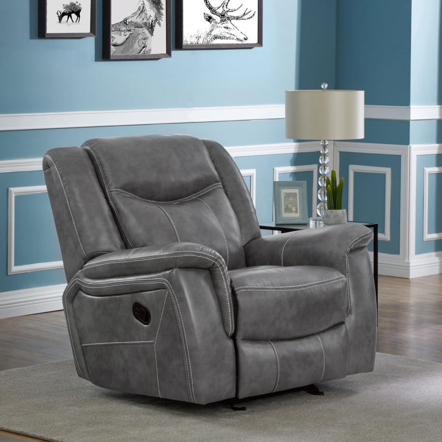 Conrad Upholstered Padded Arm Glider Recliner – Gray Faux Leather, Overstuffed Cushions, Smooth Reclining Motion, Perfect for Living Room or Den