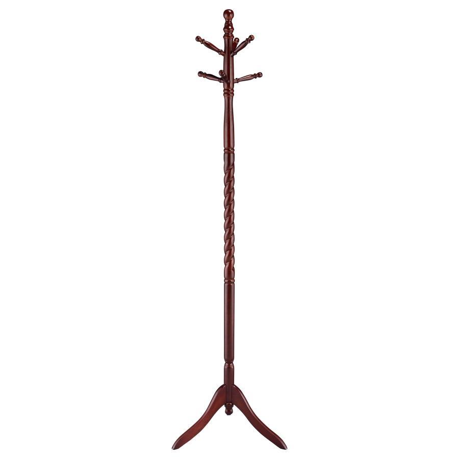 Riona 6-Hook Freestanding Wood Coat Rack, Merlot Finish Rubberwood Construction, Twisted Post Design, Two-Tier Hat and Coat Hanger, Classic Entryway Accent