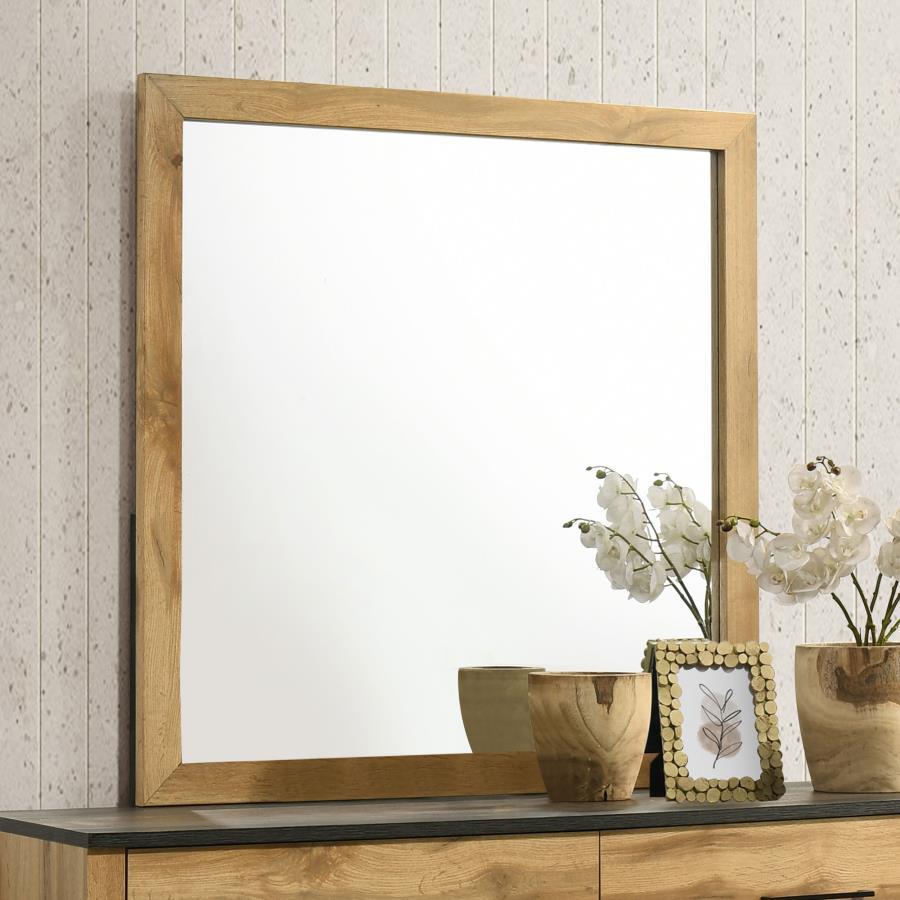Kaywood Dresser Mirror in Natural Pine with Rustic Wood Grain Frame, Weathered Finish, and Mid-Century Modern Style for Bedroom Décor