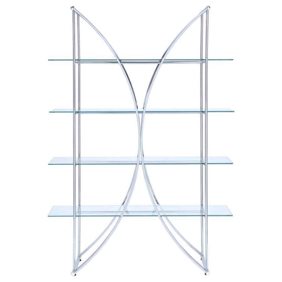 Larson 4-Shelf Glass Bookshelf – Modern Chrome Display Shelf with Tempered Glass, Contemporary Metal Frame, Open Storage for Living Room
