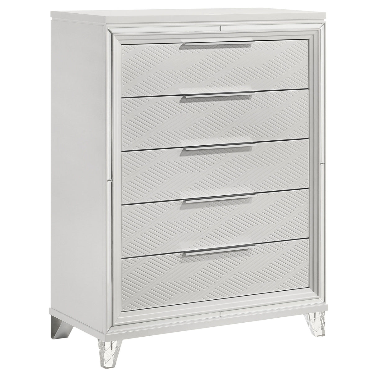 Marmore 5-Drawer Bedroom Chest of Drawers in White – Modern Italian Design with Mirrored Accents, Polished Chrome Hardware & Ample Storage