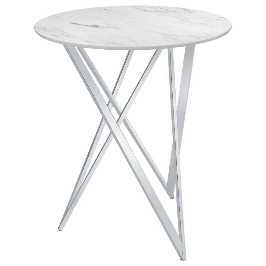 Bexter Round Faux Marble Bistro Bar Table in Chrome – Modern 42.5" Bar Height Table with Sculptural Metal Base & White Marble-Look Top for Dining Spaces