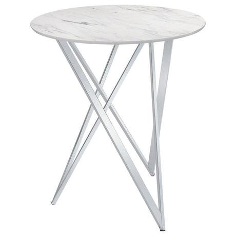 Bexter Round Faux Marble Bistro Bar Table in Chrome – Modern 42.5" Bar Height Table with Sculptural Metal Base & White Marble-Look Top for Dining Spaces